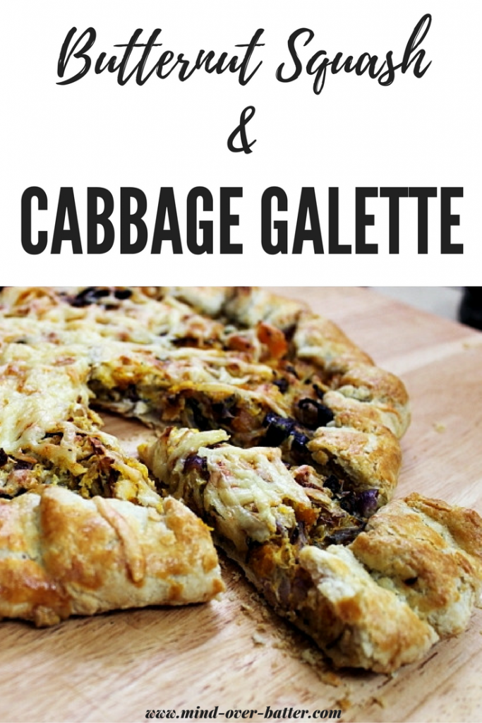 Butternut Squash And Cabbage Galette - Butternut Squash is roasted with cabbage and onions, then scattered over a flaky, buttery crust that is generously topped with Jarlsberg cheese! www.mind-over-batter.com