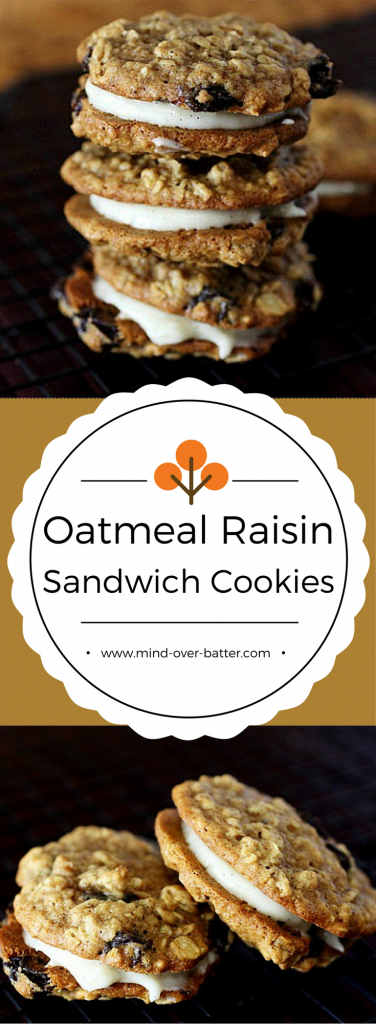 These Oatmeal Raisin Sandwich cookies are EVERYTHING!!! Two soft-baked oatmeal cookies are mixed with plump raisins and sandwiched between a creamy vanilla flavored cream cheese frosting! Try ‘em!  www.mind-over-batter.com
