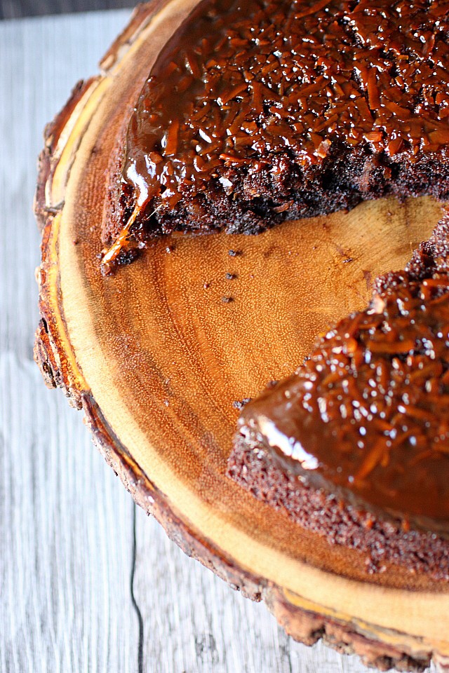 Coconut Caramel Chocolate Upside Down Cake {mind-over-batter.com}