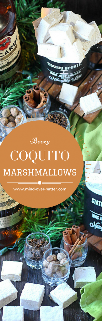 Make your hot chocolate super festive with these coquito marshmallows! With warm spices, coconut flavors, and a great dose of dark rum - You'll float these in your hot chocolate every day 'till January! www.mind-over-batter.com