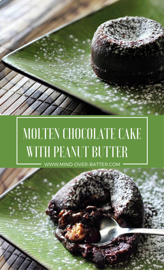 Molten Lava cake with a silky sweet peanut butter filling! www.mind-over-batter.com