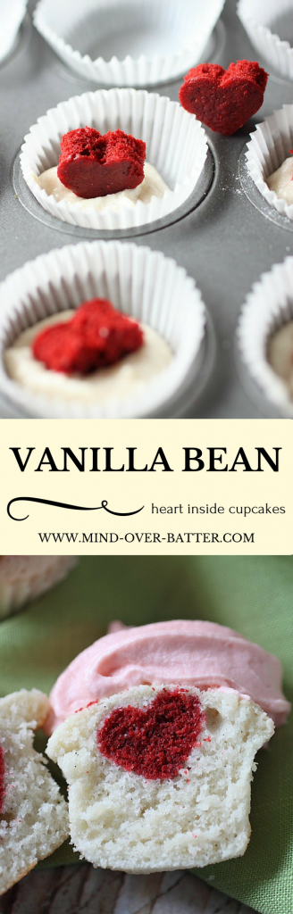 Moist Mini Vanilla Bean Cupcakes with a tiny Red Velvet Heart surprise inside!! Is your heart swelling with love? www.mind-over-batter.com