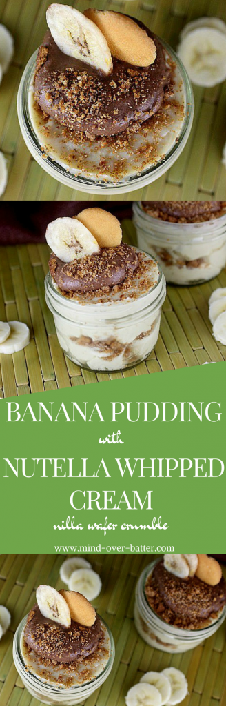 This pudding is the real deal, y'all! Silky Banana pudding piped with a lightly sweetened Nutella whipped cream, and dusted with a Nilla Wafer Crumble! www.mind-over-batter.com